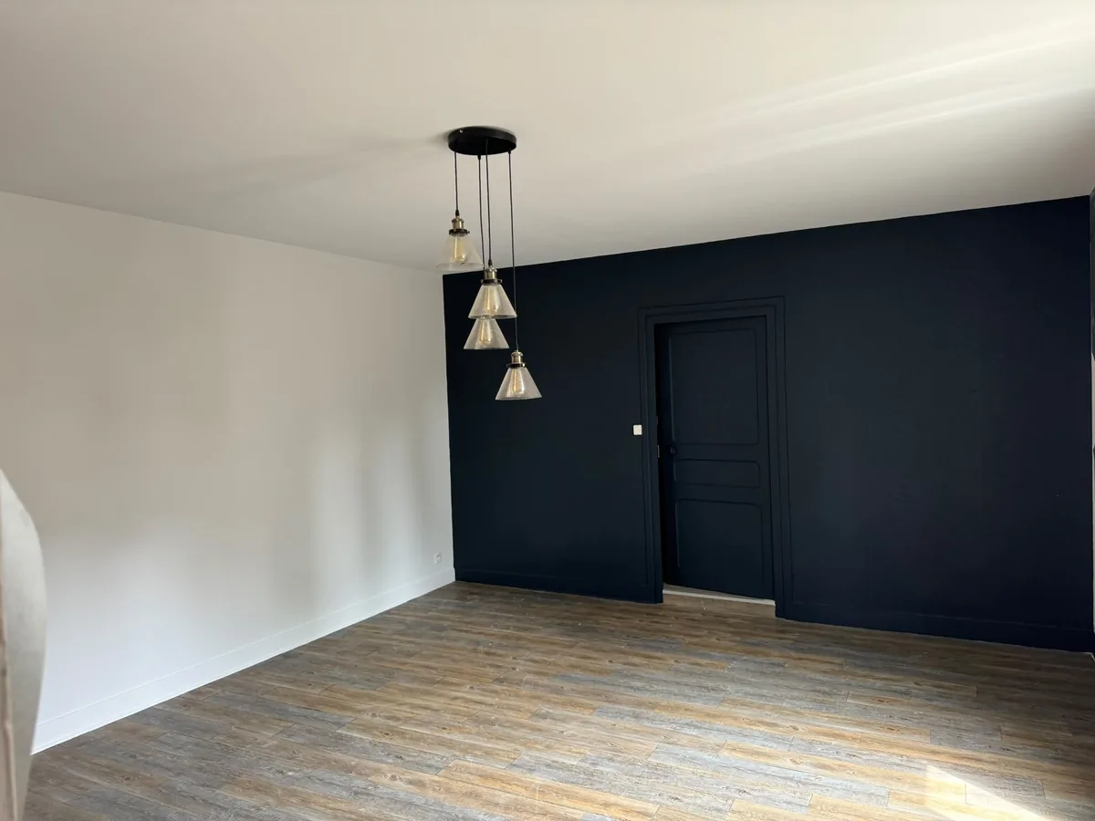 Séjour avec mur d'accent bleu marine et porte peinte dans le même ton, Chauvigny