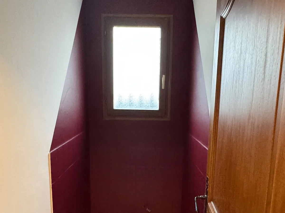 Toilettes repeintes en bordeaux et blanc, peinture intérieure dans la Vienne
